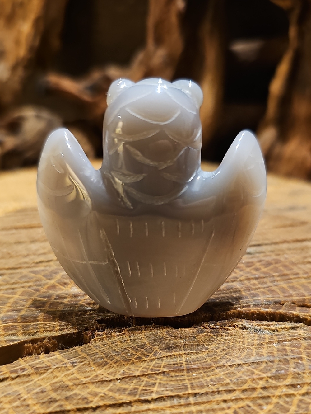 Carved Agate Owl Figurine - Gray and Cream Druzy Center - Picture 5 of 9